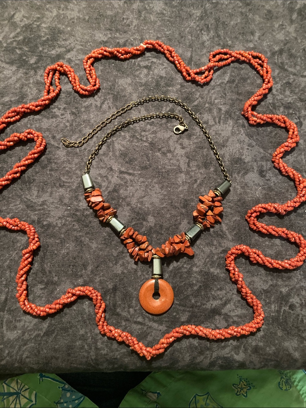 Handmade Orange Red Stone Pendant & Beaded Necklaces